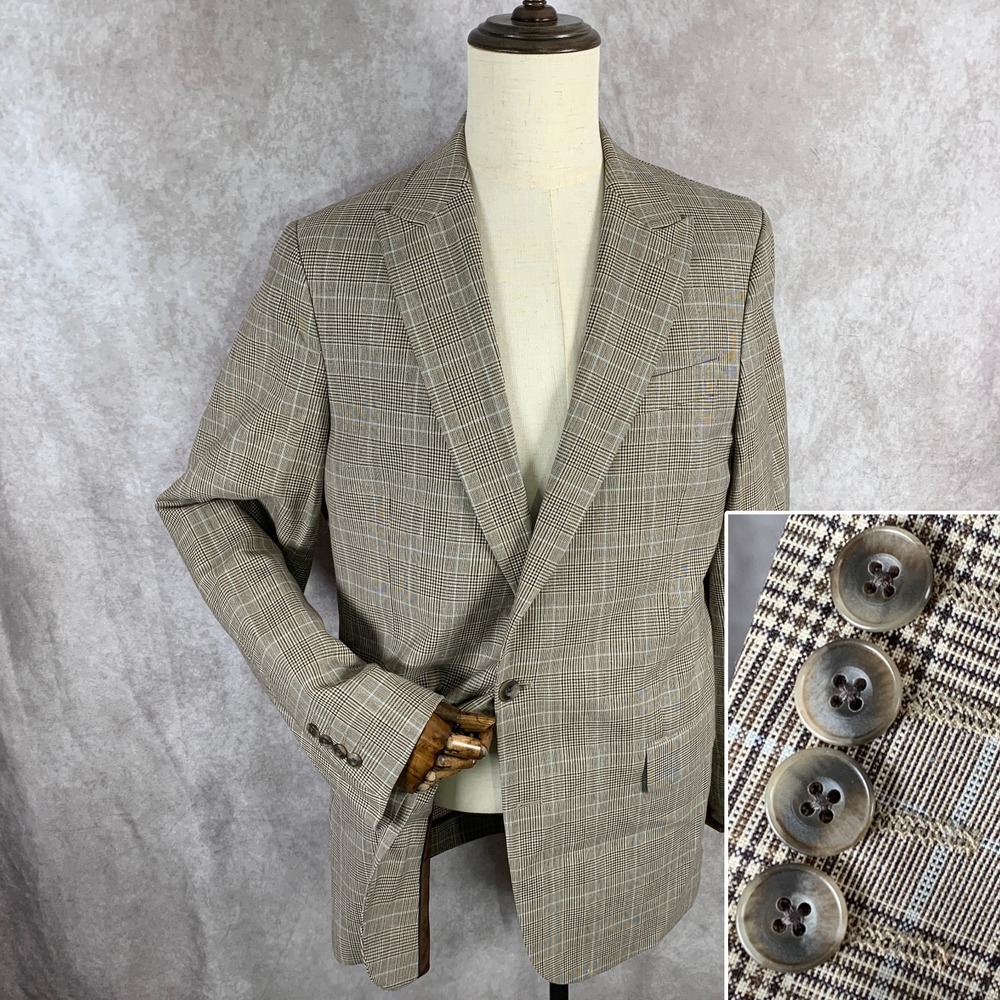 Stafford Linen Blazer Jacket Men 44L Brown Luxury Sport Coat Glen Check Classic